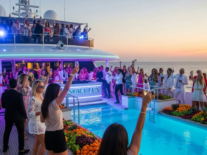 Festa sul ponte di uno yacht al tramonto