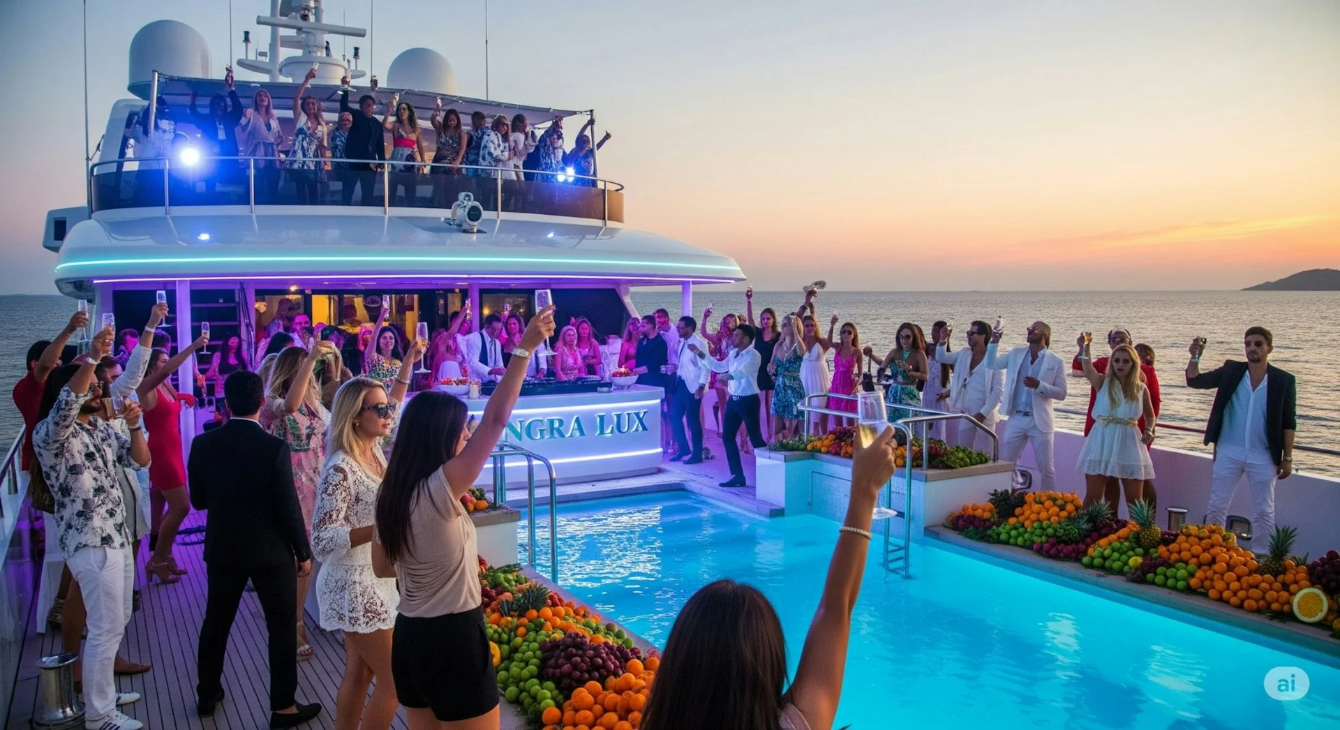 Festa sul ponte di uno yacht al tramonto